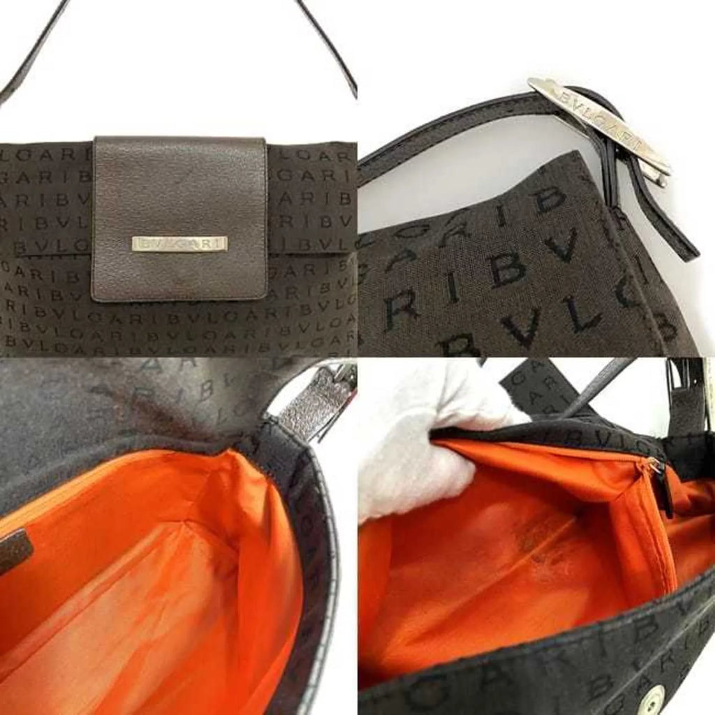 Pre-Owned Leather Bag Handbag Flap Bvlgari Brown Plate Mania BVLGARI Canvas Shoulder (Good) One