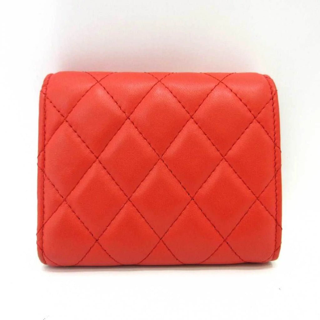 Small Pre-Owned Mini Trifold Women's Wallet Series CHANEL Red Orange Silver Metal (Good) Matelasse Lambskin Fittings Chanel