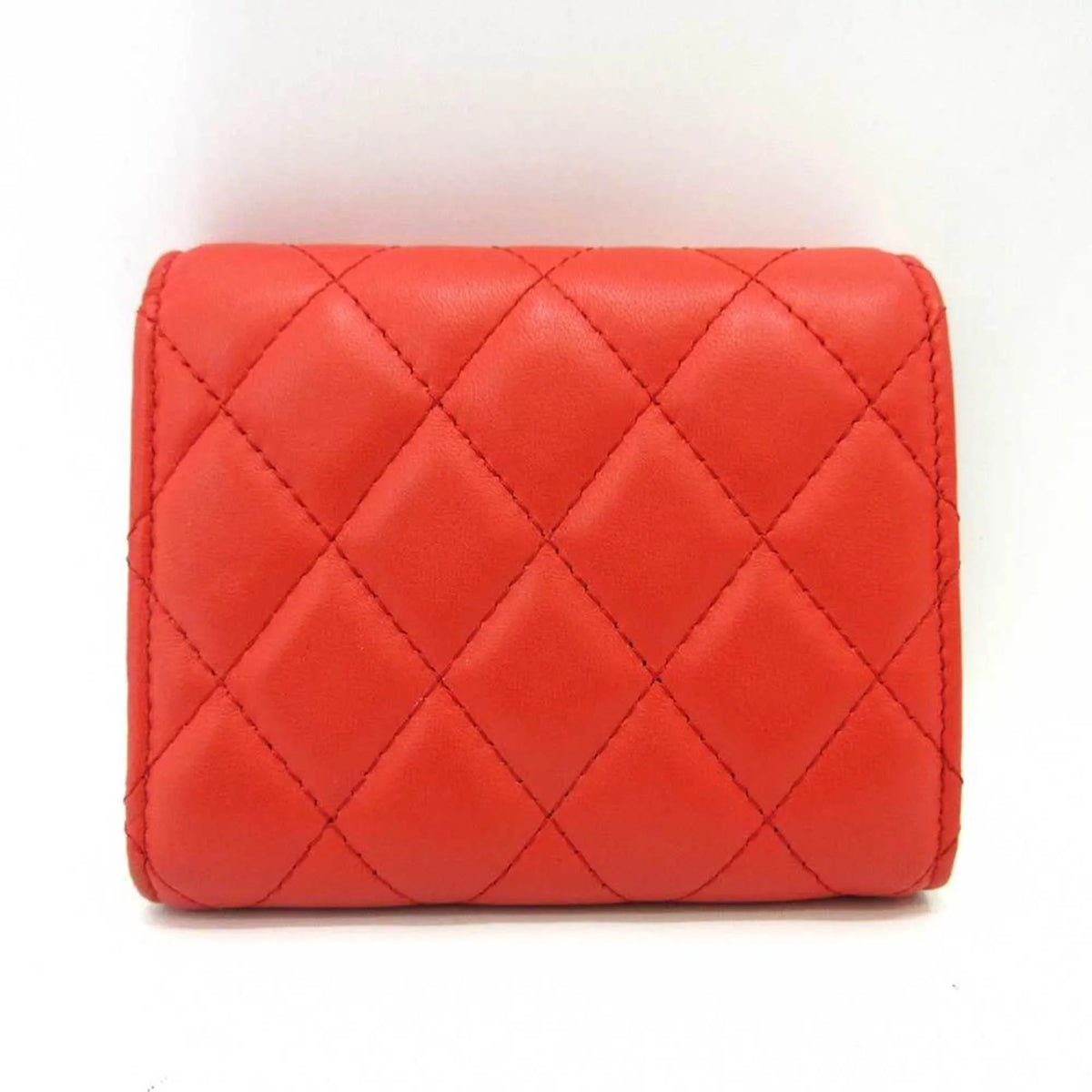 Small Pre-Owned Mini Trifold Women's Wallet Series CHANEL Red Orange Silver Metal (Good) Matelasse Lambskin Fittings Chanel