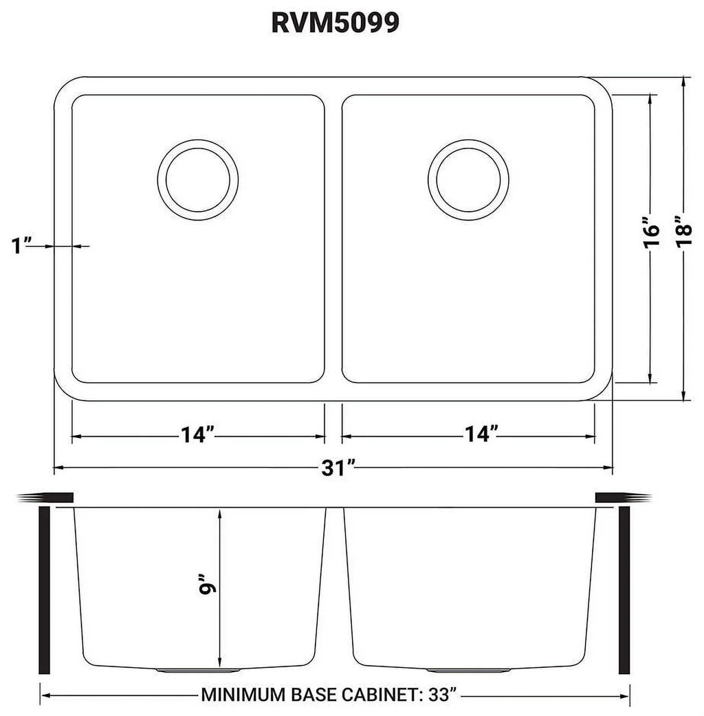 Stainless 16 Undermount in. Steel Kitchen Ruvati 31 Bowl 50-50 RVM5099 Double Gauge Sink USA