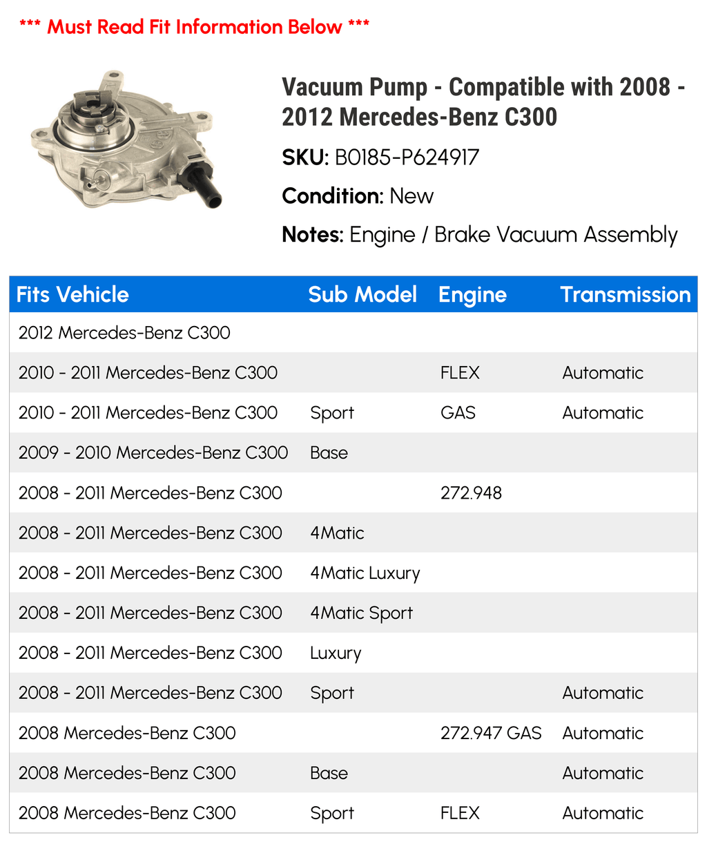 Compatible - 2010 with 2012 Mercedes-Benz C300 2008 - 2011 Pump Vacuum 2009
