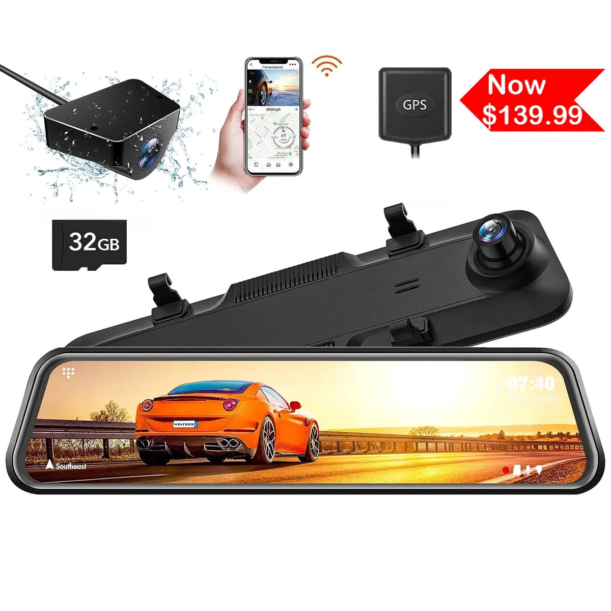 Monitor, Mirror Cam Vision, Rear Camera, Parking 2.5K Free WOLFBOX 32GB with Camera, Dash View GPS, Wi-Fi Built-in Card and Front Night 1080P 12'' Rear Mirror