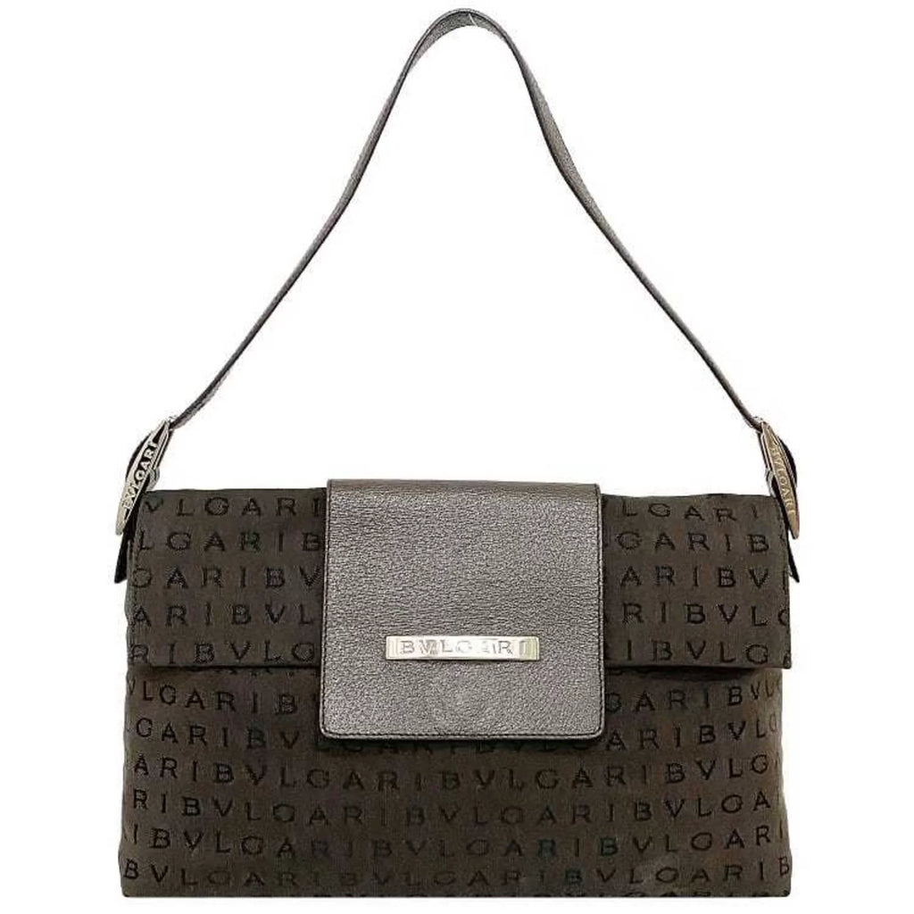 Pre-Owned Leather Bag Handbag Flap Bvlgari Brown Plate Mania BVLGARI Canvas Shoulder (Good) One