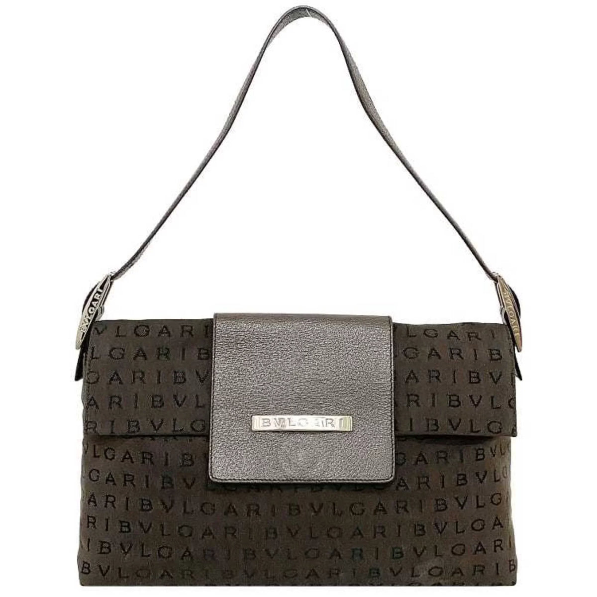 Pre-Owned Leather Bag Handbag Flap Bvlgari Brown Plate Mania BVLGARI Canvas Shoulder (Good) One