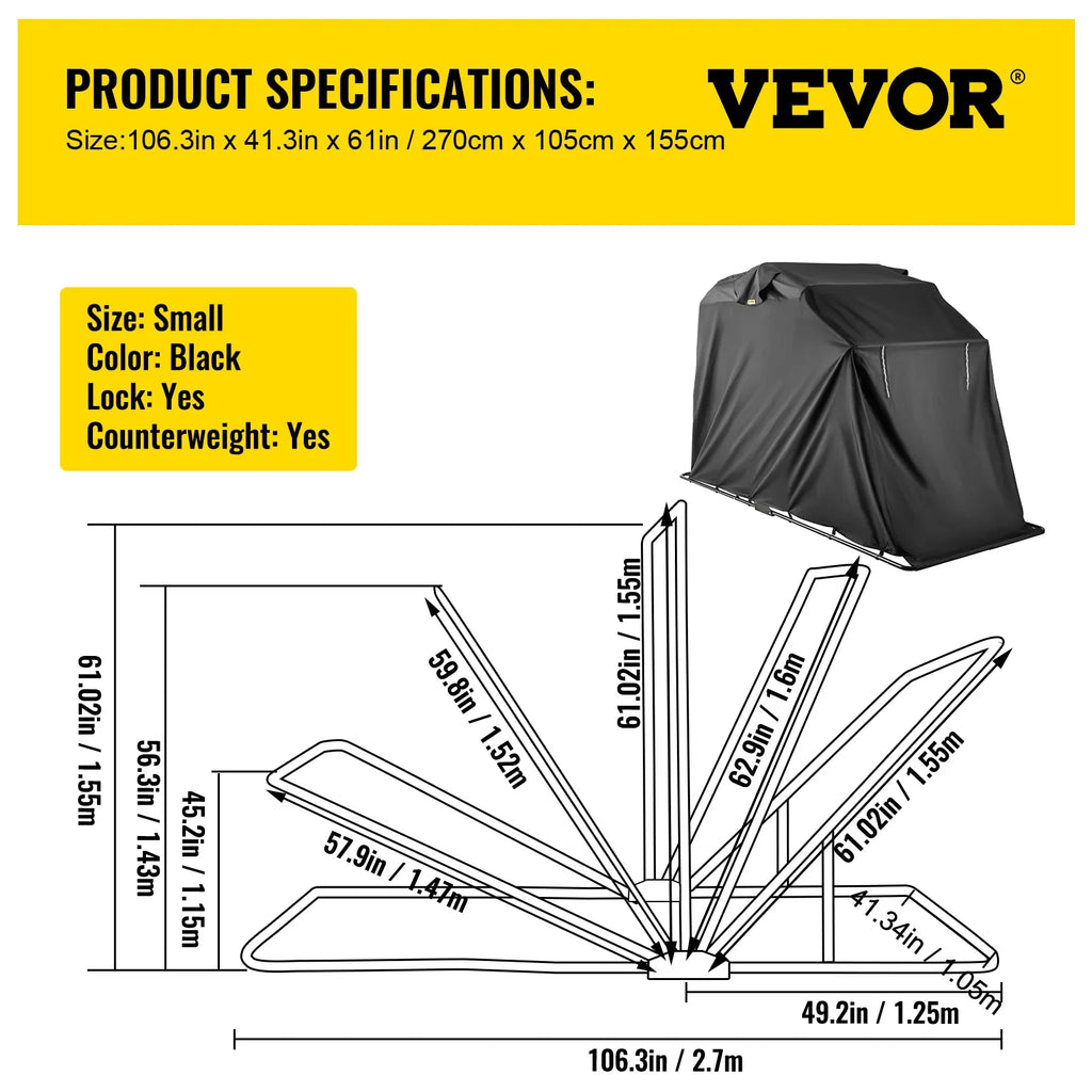 Motorbike Oxford Garage 600D Tent and Shed with Shelter Waterproof Storage Shed, Weight Black Bag, Anti-UV, Motorcycle Lock Shelter Duty 106.3"x41.3"x62.9" Heavy VEVORbrand