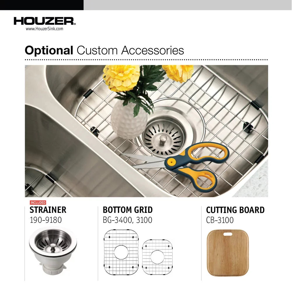 Bowl Kitchen Houzer x Undermount Bowl x x MEC-3220SR-1 Right Sink, Double Small 60/40 Steel 31-1/2" 31-1/2" 20-3/16" 17-15/16" 20-3/16" Stainless