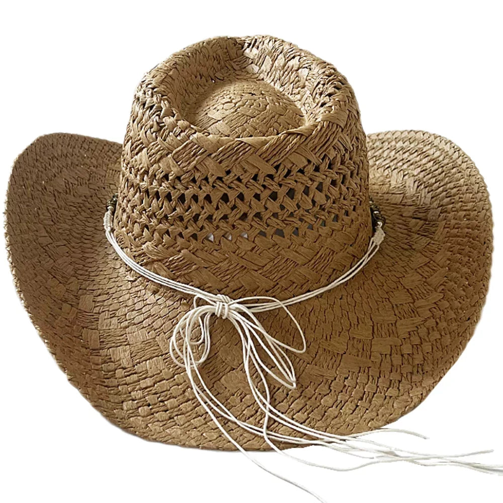 Hat Hats Keevoom Cowboy Women Straw Sunshade Belt Bead Vintage for Beach Men With