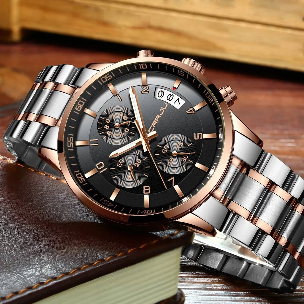 Men for Watch Watches Chronograph CRRJU relogio masculino Quartz Business Steel Mens Watch Waterproof Fashion Stainless Luxury
