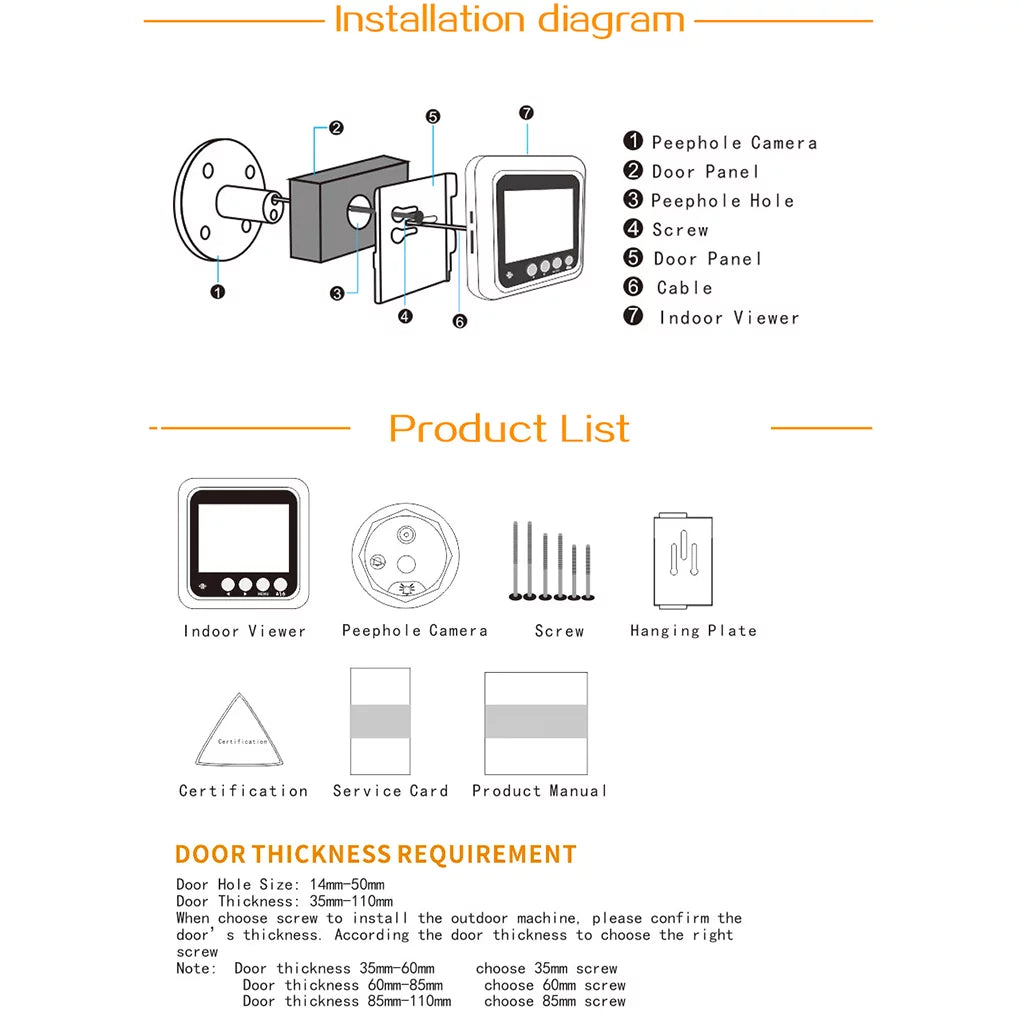 Angle Disturb Peephole 2.4" Vision Door Viewer 2.0MP Drilling Cam Door Wide Video Bell W5 Camera inch Security Doorbell No Need Eye Night