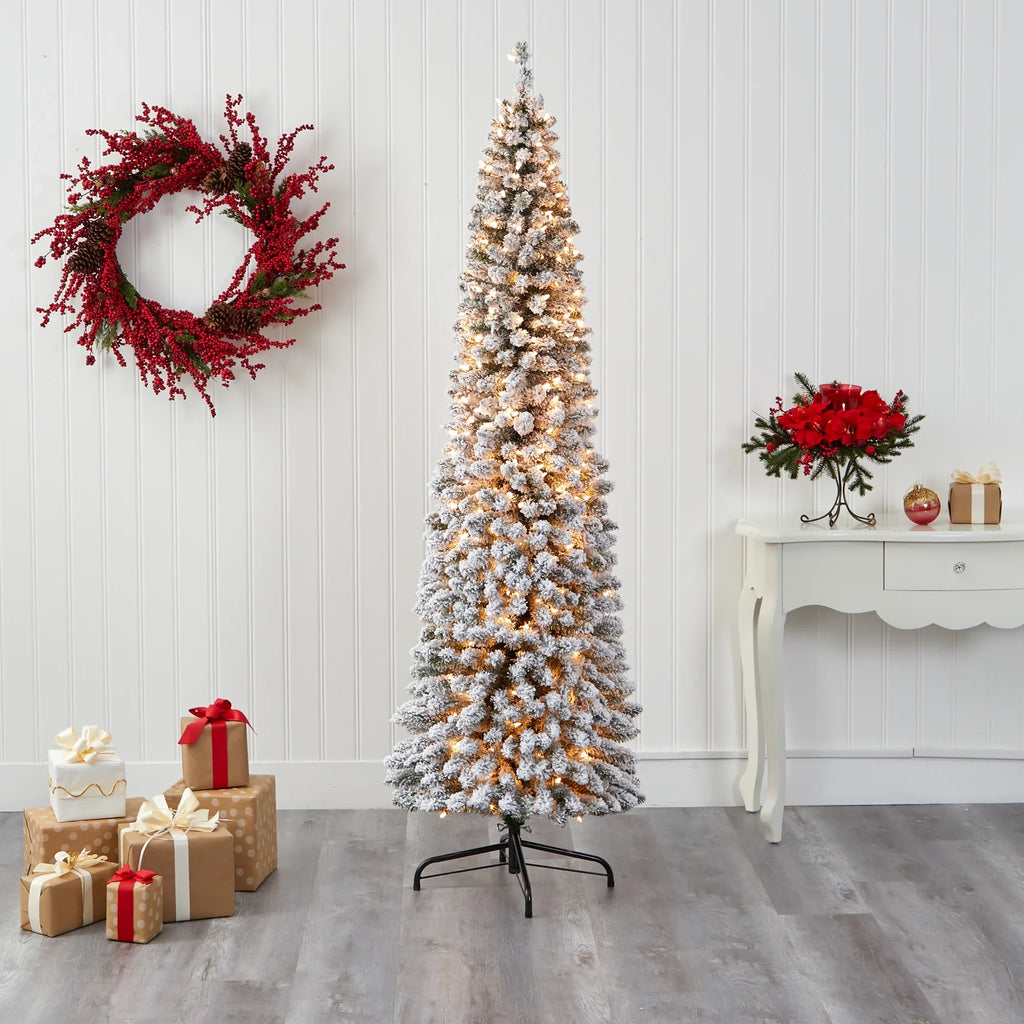 Artificial Pencil White Nearly Clear Lights Natural Prelit Christmas Flocked 7' 400 Tree