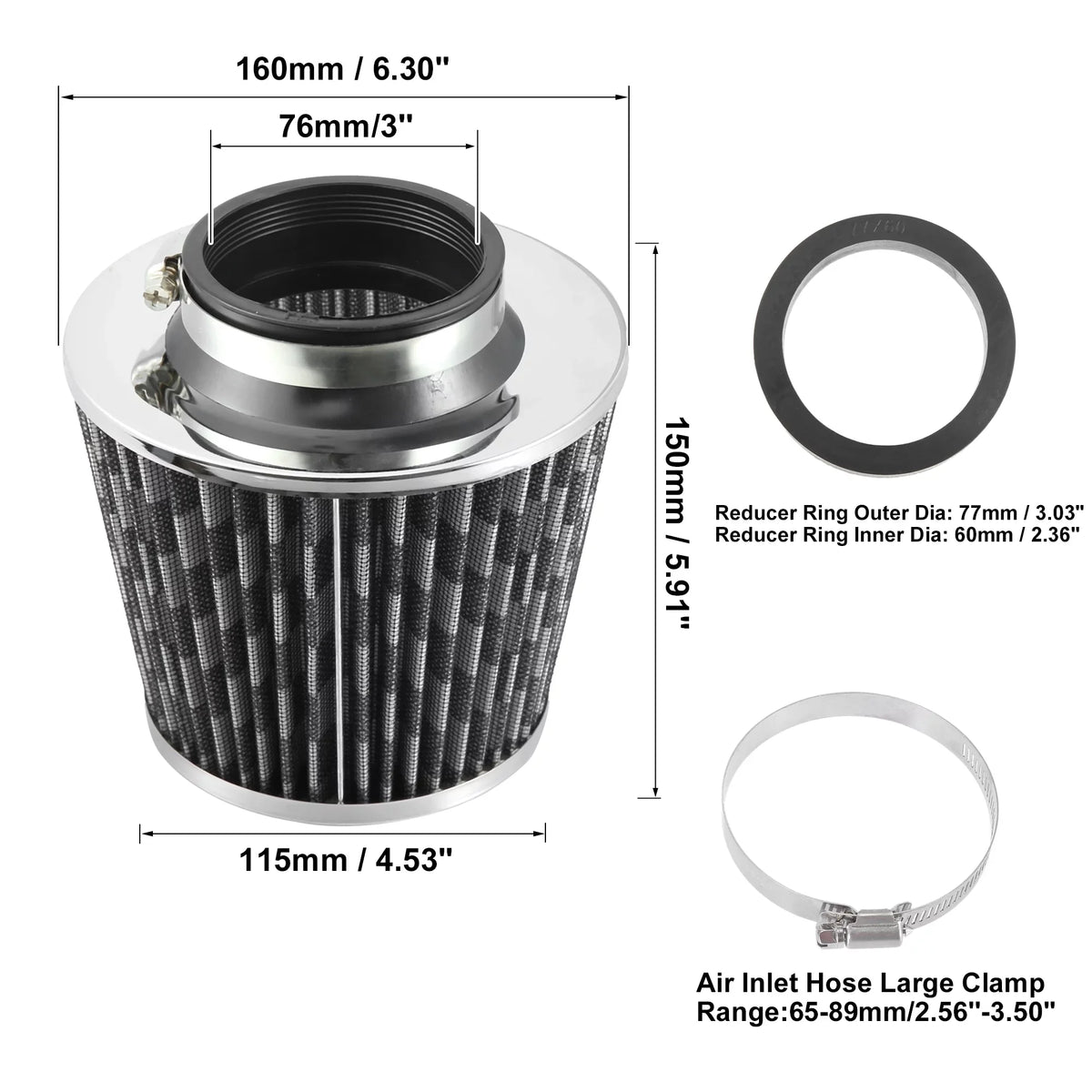 Ring Intake 2.3" Filter on Replacement Fiber 1pcs Reducer Clamp Inlet Cold 60mm Air Pattern Cone Dry Washable Carbon Air